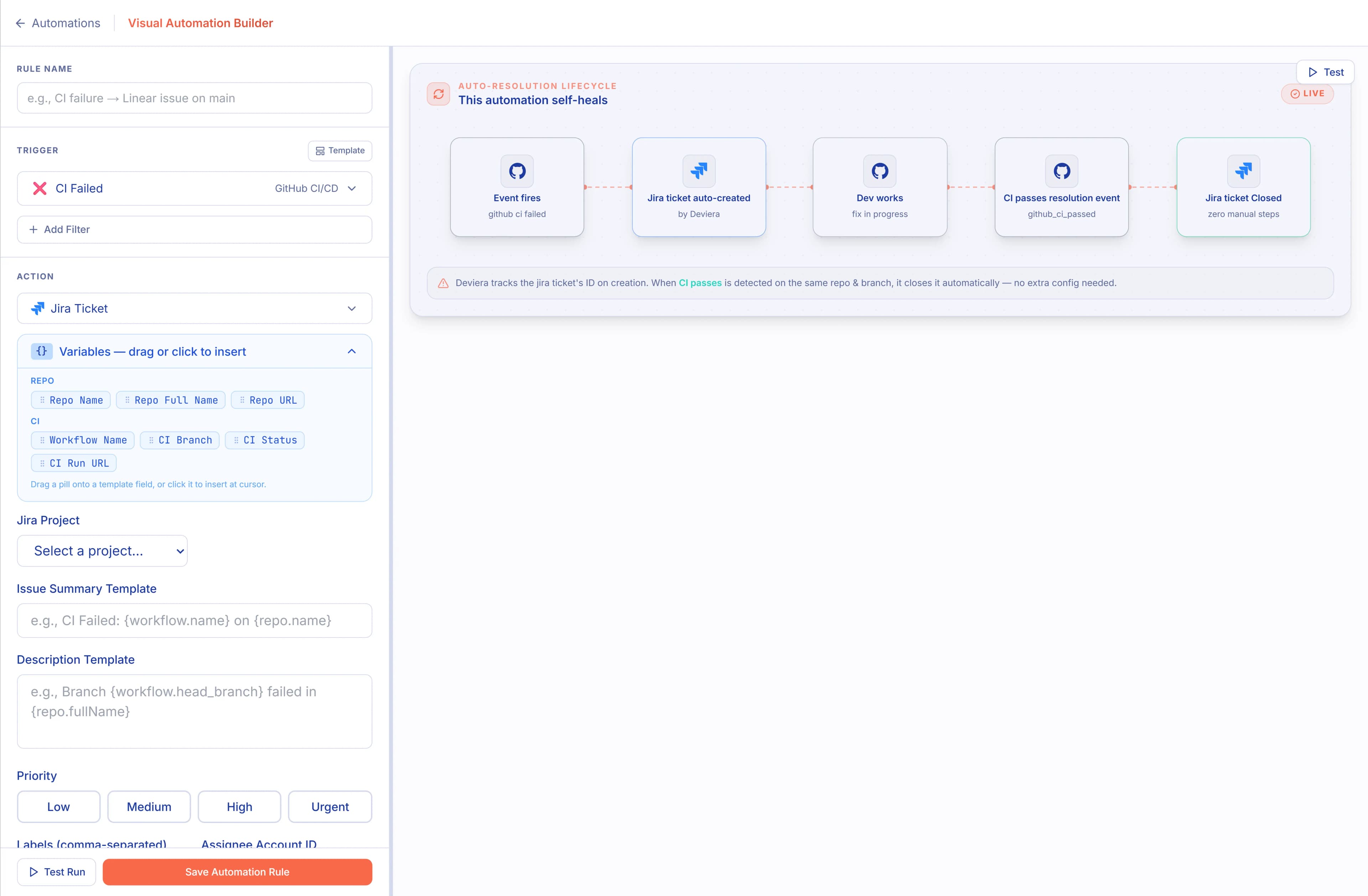 Deviera Visual Automation Builder — trigger, conditions, action, and auto-resolution lifecycle