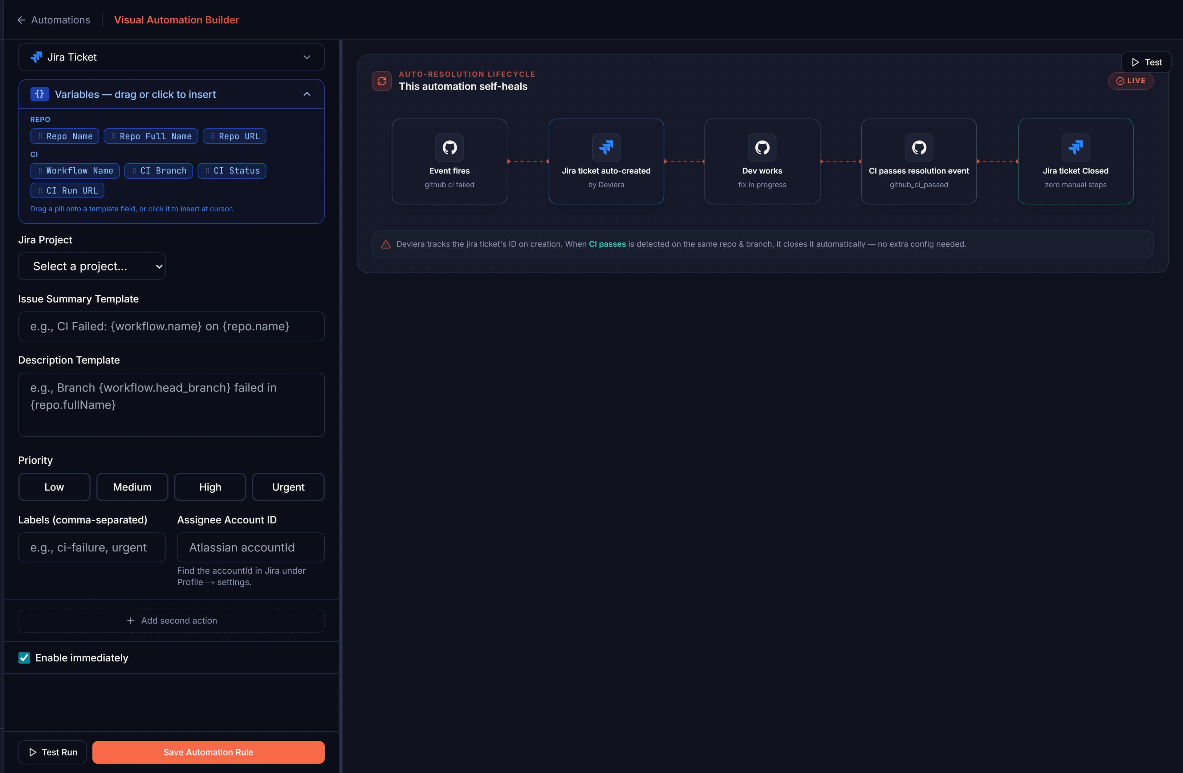 Deviera Visual Automation Builder — trigger, conditions, action, and auto-resolution lifecycle