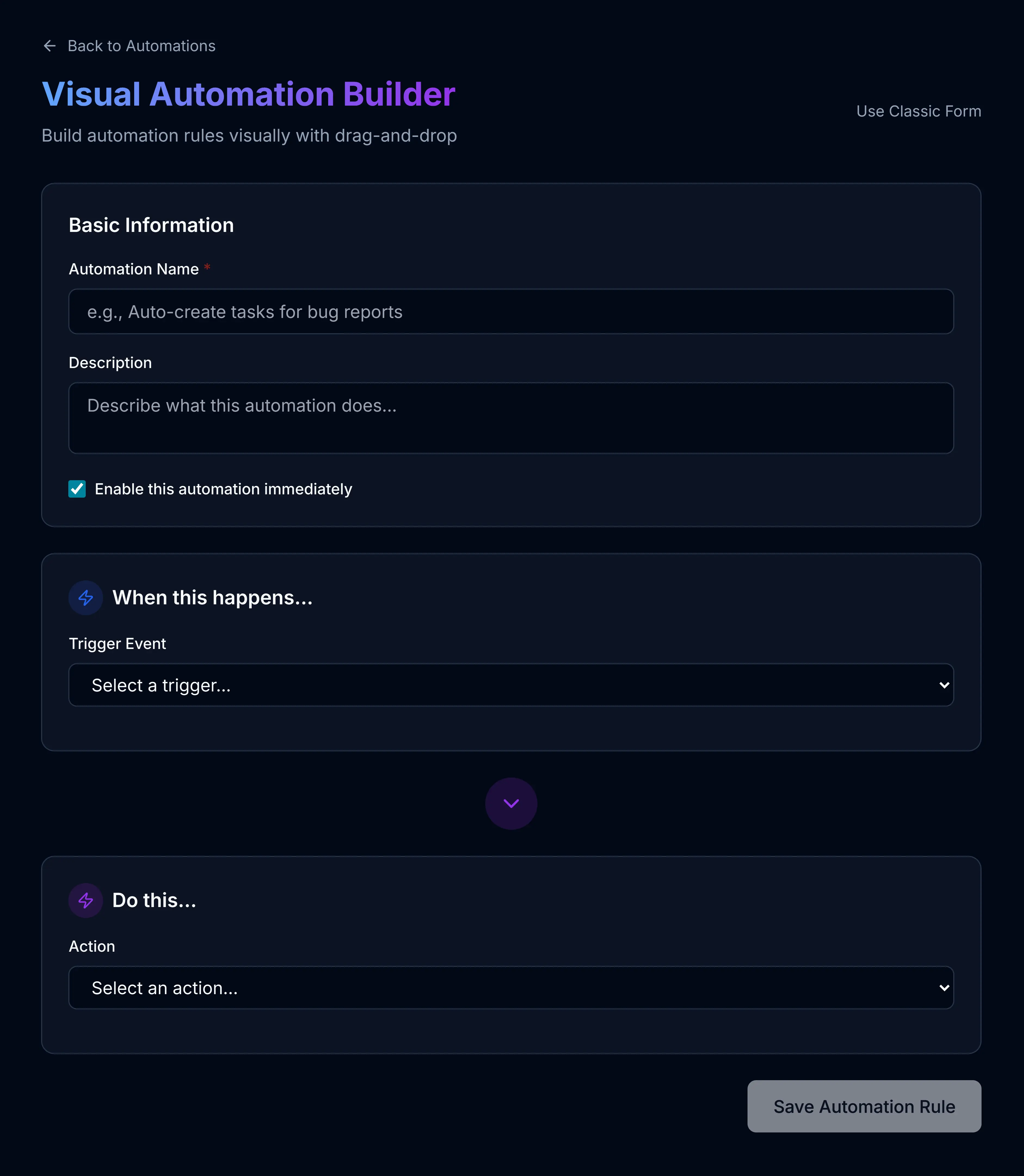 Deviera visual automation builder with trigger, conditions and Linear action configured